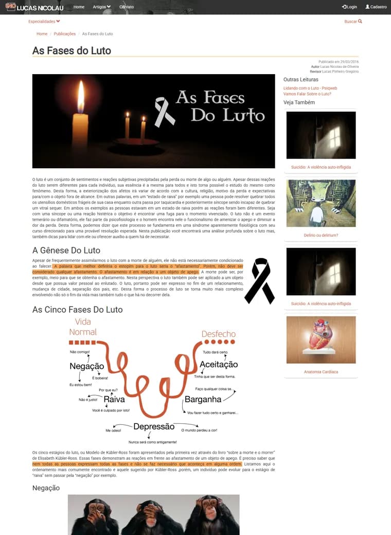 Print histórico do artigo As Fases do Luto