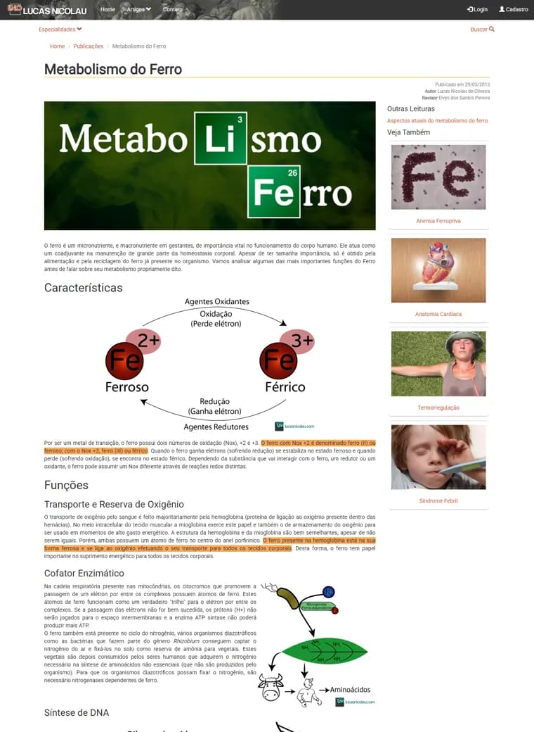 Print histórico do artigo Metabolismo do Ferro